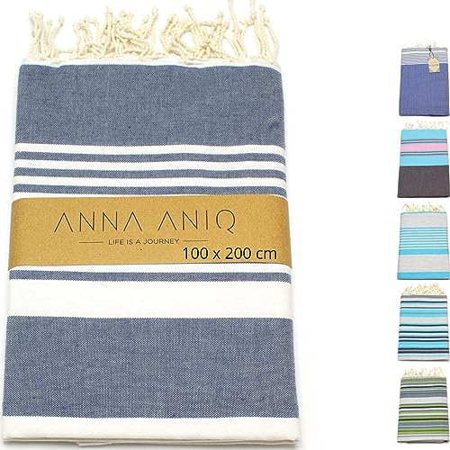 ANNA ANIQ Hamamtuch Fouta Sauna-Tuch XXL Extra Groß 200 x 100cm - 100% Baumwolle aus Tunesien - Strand-Tuch, orientalisches Bade-Tuch, Yoga, Schal, Pestemal, Strand-Handtuch (Blue-Jeans gestreift)