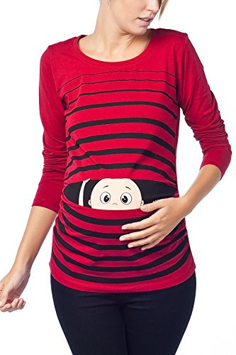 Vêtement de Maternité Humoristique T-Shirt Mignon à Motifs Cadeau pour Grossesse Femme Humour Tee Haut Vetement de Maternite à Manches Longues (Bordeaux, Large)