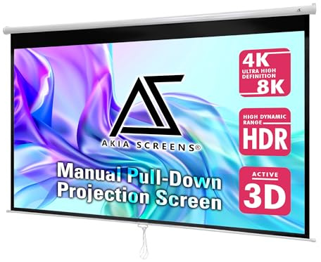 Akia Screens 100 Inch Pull Down Projector Screen, Manual Retractable 16:9, 8K / 4K HD & 3D Ready, Ceiling or Wall Mount, Auto Locking White Indoor Projection Screen for Home Theater, Office, AK-M100H1