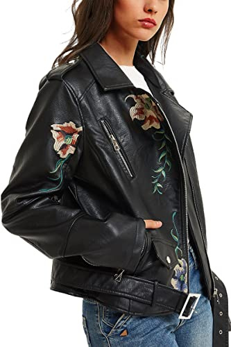 BELLIVERA Damjacka i fuskläder vår höst ytterkläder kort motorcykel kappa, Blommig svart, M