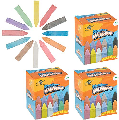 Smart-Planet Straßenmalkreide 3er Set 36 Stück Straßenkreide ca. 10 x 2 x 2 cm Malkreide bunte Kinder Kreide zum Malen auf der Straße - abwaschbar