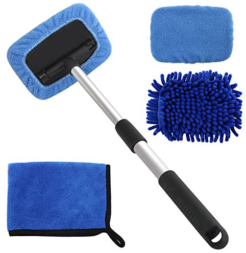 5 PCS Windshield Cleaning Tools, 18 inch Microfiber Car Window Cleaning Tool with Extendable Handle, Auto Interior Exterior Glass Wiper Car Glass Cleaner Kit with Microfiber Bonnet Pads and Cloth