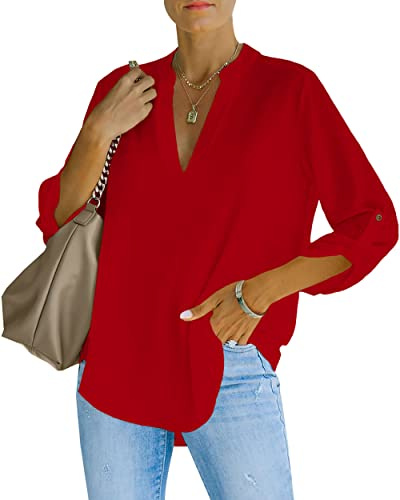 NONSAR Blusa elegante para mujer con cuello en V, blusa Henley con mangas que se pueden remangar, blusa suelta, rojo, XL