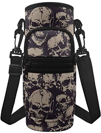 HUGS IDEA Water Bottle Carrier Bag with Adjustable Shoulder Strap, Cool Gothic Skull Print Neoprene Bottle Pouch Holder with 2 Pockets Water Bottle Sleeve Sling Bag