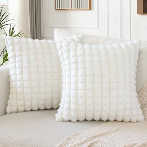 Soleebee 2er Set Plüsch Samt Kissenbezüge, Weiche Künstliche Pelz Plaid Textur Kissenbezug Sofa Zierkissenbezüge Dekokissen Kissenhülle Set für Couch Schlafzimmer Zuhause Dekor (60x60cm, Beige Weiß)