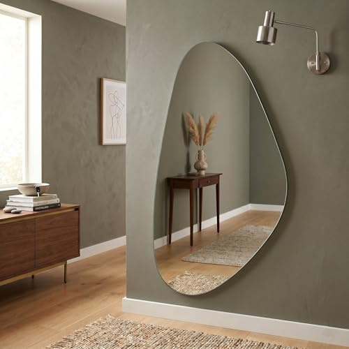 Biznest Frameless Asymmetric Decor Mirror Irregular Shape Beveled Wall Mirror Modern Tear Drop 50x70cm Pebble Silver Living Room Bedroom Bathroom