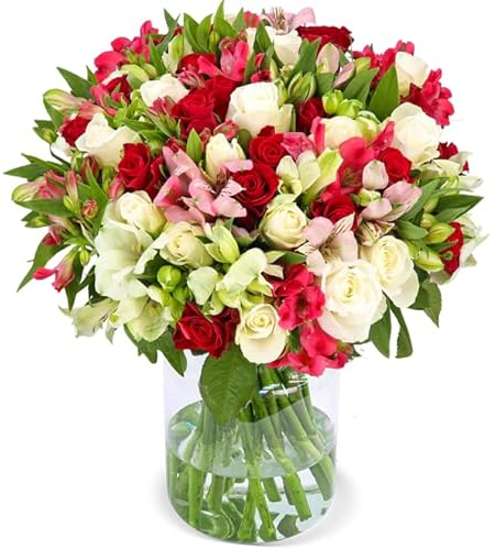 Blumenstrauß Wonderwoman, Rosen & Inkalilien, Rot & Weiß, bis zu 40 Blüten, 40-50cm Länge, 7-Tage-Frischegarantie, Qualität vom Floristen, Handgebunden, Perfekte Geschenkidee