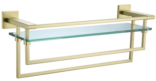 LANC Badezimmer-Glasregal mit Handtuchstangen, 50,8 cm, schwebende Regale aus gehärtetem Glas mit 2 Handtuchhaltern, gebürstetes Gold, Köln-Regal für Herren, Dusche, Bad, Aufbewahrung, Glasregal,