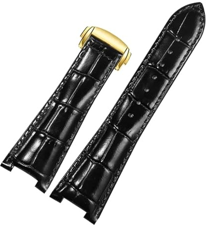 yeziu Lederarmband für Herren der Omega Constellation-Serie mit konkaver Schnittstelle und Faltschließe(Black Gold clasp,25-13mm)