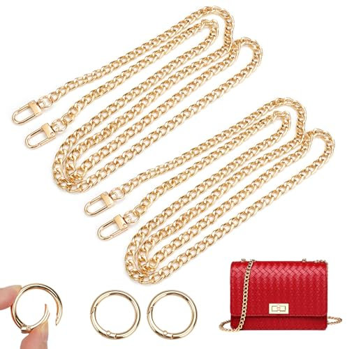 2 Stück Taschenkette Gold, Handtasche Kette Metall Gold 120cm, Kette für Tasche mit 2 Pcs Karabinerverschluss, Handtaschenketten, Handtaschen Kettenriemen für Schulranzen Ersatzkette, DIY Taschen