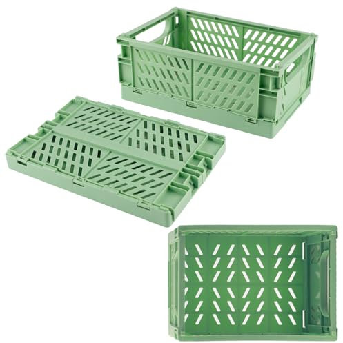 Vertaglaur Klappbox, 2 Pcs Klappkiste, Grüner Klappkisten, Klappboxen Faltbar Stabil, Klappbox Klein, Tragbarer Klappkorb, Klappboxen Geeignet für Büro, Schlafzimmer, Küche, Klassenzimmer, Bad