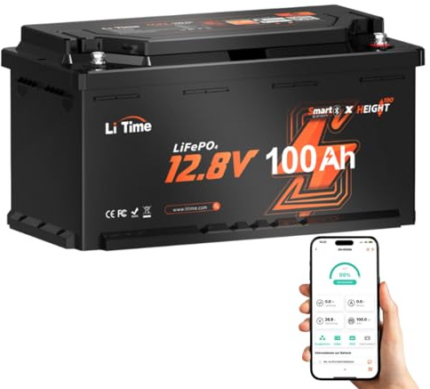 LiTime 12V 100Ah LiFePO4 Wohnmobil Batterie mit Bluetooth & 100A BMS, Tieftemperaturschutz, 4000-15000 Zyklen, 20.48kWh, Blei-Säure-Ersatz, perfekt für RVs, Wohnwagen, Camping, Solaranlage