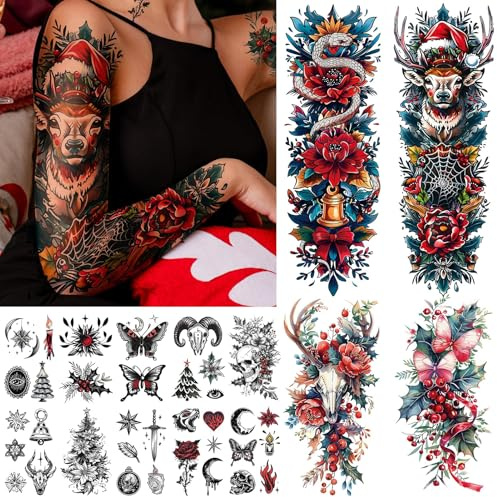 Acevegue Christmas Temporary Tattoos for Women, 16 Sheets 3D Transfer Tattoos Sleeves for Adults Christmas Decorations, Flower/Christmas Tree/Xmas Hat/Butterfly Fake Tattoo Stickers