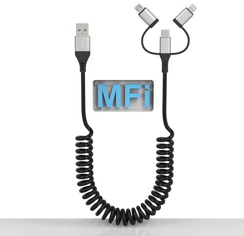 3 in 1 Cavo da USB A a USB C e Lightning per auto - Cavo a spirale USB C/Micro USB/Cavo Lightning per Apple Carplay e Android Auto, cavo di ricarica rapida MFi per iPhone 15/15 Pro/14/13/iPad/Phone