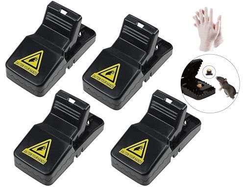 ZXPR Rat Traps - 4 x Large Heavy Duty Humane Mouse Traps That Kill Instantly for Indoors, Outdoor, Gardens -14 cm Reusable Rodent Solution with 1 Pair of Bonus Gloves (Black 4Pcs Rat Traps)