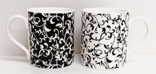 Rainbow Decors Venetian Black & White Mugs Set of 2 Bone China Large Balmoral 14fl oz 400 ml Swirl & Leaves Cups Hand Decorated in UK