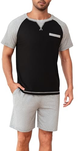 Winovia Pyjama d'été Court en Coton pour Homme - Ensemble de vêtements de Nuit 2 pièces avec col Rond, t-Shirt à Manches Courtes et Pantalon de Pyjama pour Homme, Noir, XXL