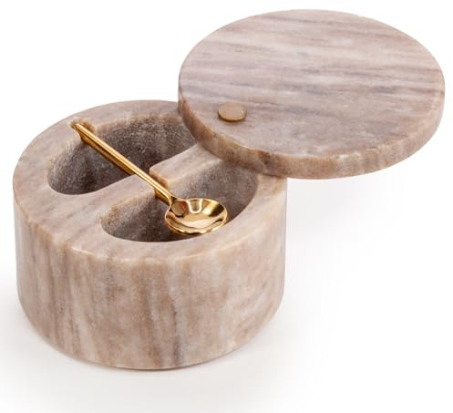 EHC Salt & Pepper Holder, Spice & Herbs Container, Marble Pinch Pot with Swivel Magnetic Lid and Serving Spoon, Salt Celler for Dining Table, Spice Storage Bowl with Compartment, Spice Bath, Beige