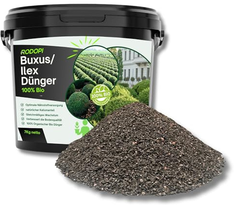 Rodopi Bio-Buxusdünger & Ilexdünger Granulat – 3 Monate Langzeitwirkung – 100% pflanzlich & vegan – Organischer NPK-Dünger 7-3-8 mit Magnesium 7kg