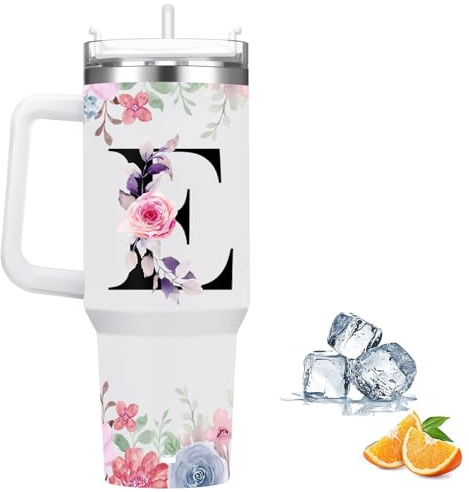 Thermobecher Personalisiert, Thermosbecher Kaffee to go Reisebecher mit Strohhalm,1.2l Edelstahl Trinkflasche Für Kohlensäurehaltige Getränke,Stylische Monogramm,Geschenke für Frauen und Männer(E)