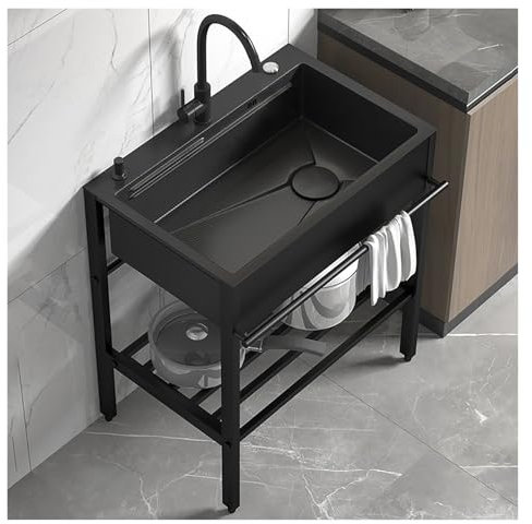 Edelstahl Waschbecken Ausgussbecken, Freistehende Spültisch Küche Spülbecken, Waschtisch Mit Wasserhahn, Einzelbecken Für Wäscherei Hinterhof Garage, Schwarz(60 * 45cm/23.6 * 17.7in)