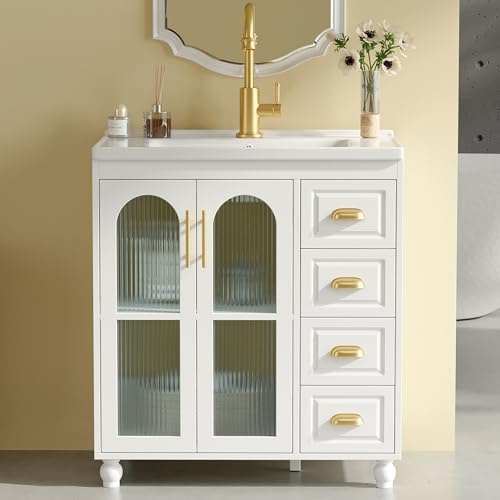 SUKY Badmöbel Einzel Waschtisch mit Unterschrank 80cm mit Keramik-Waschbecken, Weiß, 80 x 47 x 90cm