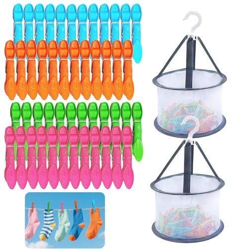 48 Stück Mehrfarbig Wäscheklammern with 2 Stück wäscheklammern Korb, Wäscheklammern Ohne Abdruck, Windfeste Bunte klammerbeutel für Wäscheleine, Kleidung und Socken
