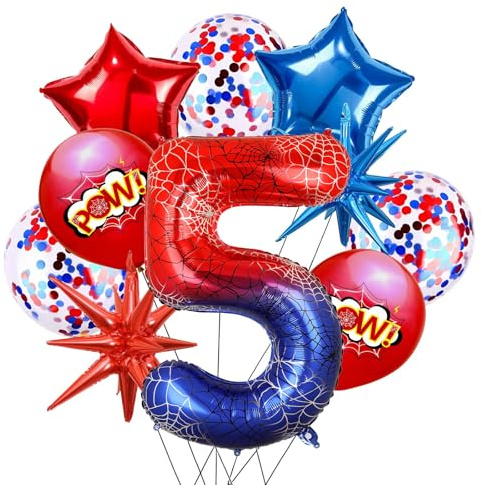 Spider Palloncini Compleanno 5 Anni a Tema Ragno, 10 Pezzi Palloncini Foil Stella, Confetti Palloncini Lattice, Alluminio Palloncino Numero 5 per Compleanno, Halloween, Anniversario, Festa
