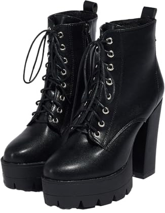 TNMIUH Stivali da Donna con Plateau, Tacco Blocco Alto 11,5 cm, Sexy Eleganti Lacci Tronchetti, Disponibile in Nero e Marrone,Nero,37 EU