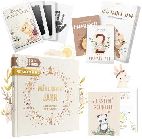 EULENTALER 3in1 Babyalbum Set | Mit Meilensteinkarten & Abdruckset | Beliebtes Baby Album Mein erstes Jahr mit Platz zum Eintragen, Dokumentieren & Erinnern, Babyparty Geschenke zur Geburt