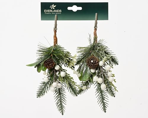 Künstliche Zweige mit Clip 22cm mit weißen Beeren & Zapfen 2er Set - dekorative Kunstzweige für die Weihnachts- und Winterzeit - Dekozweige Weihnachten - Weihnachtszweige Tannenzweige - Grün Weiß