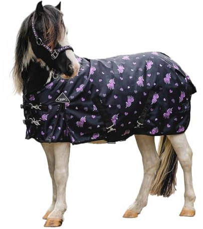 NETPROSHOP Atmungsaktive wasserdichte Regendecke Einhorn mit 100g Füllung Turnout-Stoff Gr. 65-155, Groesse:100, Farbe:Einhorn