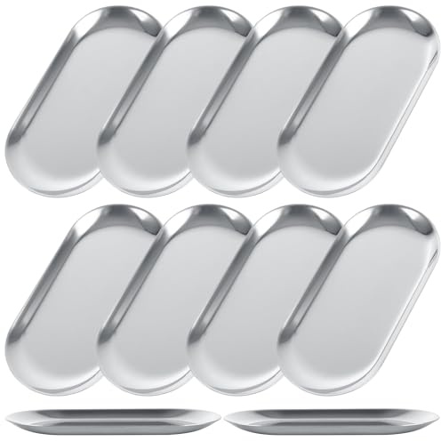 AKOLAFE 10PCS Stainless Steel Serving Tray Set Silver Platters for Serving Food Extra Small Metal Trays Decorative 7 Long Plate Oval Storage Tray Thickened Serving Dishes for Party Buffet Sushi Snack