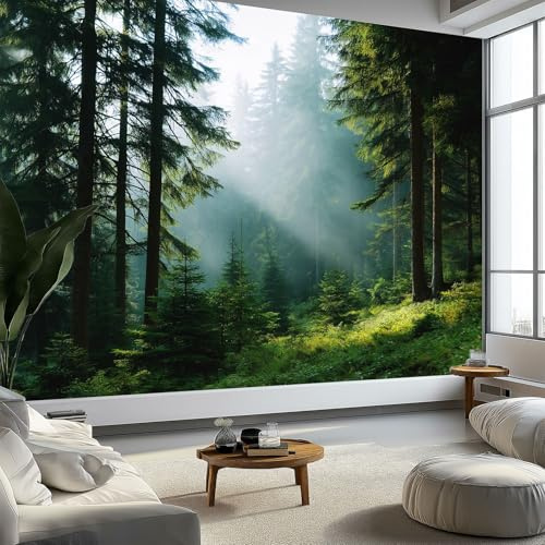 Carta da parati da parete con foresta nebbiosa e luce naturale, carta da parati verde per soggiorno, camera da letto, decorazione artistica da parete, in tessuto non tessuto, stampa artistica di alta
