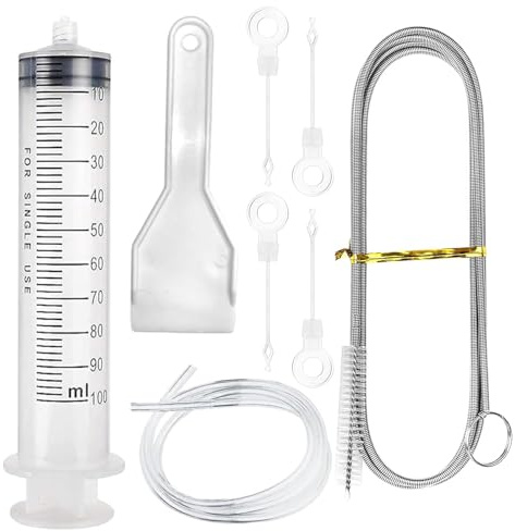 Duoleimi Kit de Nettoyage de réfrigérateur 8 pièces, nettoyant pour réfrigérateur en Acier Inoxydable avec seringue et Tuyau, nettoyant pour drains de réfrigérateur réutilisable