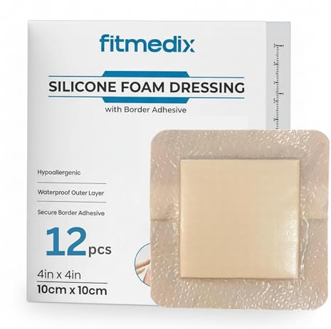 FitMedix Silicone Foam Dressing 4x4 Inch (10x10cm) – 12 Pack, Waterproof Adhesive Silicone Wound Dressing Pads, Hypoallergenic Foam Dressing for Wound Care, Pressure Ulcers, Bed Sores