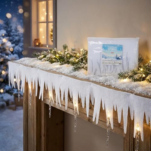 MIJOMA Kunstschnee Dekoschnee Schneewatte Schneedeko, Zauberhafte Winterlandschaften, Winterszenen, Weihnachtsdekoration, weiß, künstlicher Schnee, Schneeoptik (Eiszapfengirlande 200x30cm)