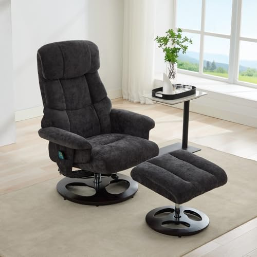 NuvlaGu Ergonomischer Relaxsessel mit Massage & Wärme, 360° drehbarer Ledersessel mit Liegefunktion & Hocker, atmungsaktivem Chenille-Stoff, Fernbedienung für Wohnzimmer Schlafzimmer, Dunkelgrau