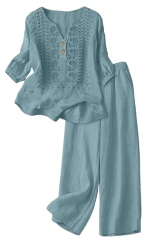 shownicer Ensemble Coton et Lin pour Femme Grande Taille Costume Été Deux Pièces Chemise et Pantalon 2 Pièces Set Loungewear Chic et Elegant Tenue