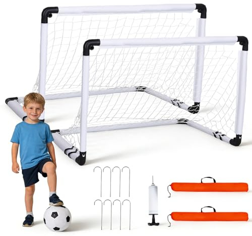 Krovtoy 2er Faltbar Fußballtor für Kinder, 90x60cm Komplett Set mit Ball, Pumpe & 8 Heringen, 1,5kg Leicht Stabil Befestigungssystem, Indoor Outdoor Garten Spielplatz
