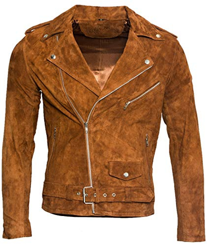 Infinity Leather Herren Klassische Brando Lässige Bräunen Wildleder Radfahrer L