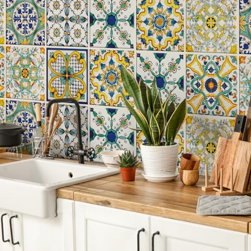 RE-COVERTILES - Stickers Carrelage Cuisine et Bain Carreaux Adhésifs en PVC Imperméables Anti-rayures Autocollants Décoratifs Mur Peel and Stick - Modèle 54 Pcs 10x10 cm PS00078 Made in Italy