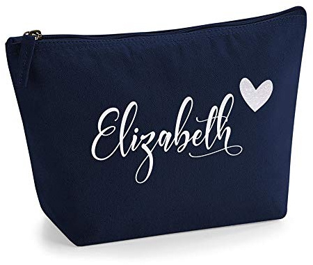 Personalisiert Name Initialen im Herz Design Kosmetiktasche Damen Schminktasche für Handtasche Makeup Tasche mit Texturdruck - Holo Weißer Glitzer - M | Marine Blau