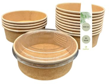 DeinPack 50 Salatschale to go mit Deckel 500 ml braun | Recycelbare Schalen, Kraftkarton Verpackung mit Innenbeschichtung, rPET Deckel wiederverwendbar