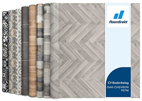 Revestimiento de suelo CV en imitación de madera, suelo de PVC, se vende por metros, antideslizante y fácil de limpiar, suelo de vinilo (100 x 100 cm, Plaza | Roble Chevron 907M)