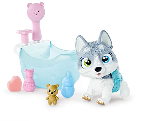 Simba 105953560 - Pamper Petz Husky mit Badewanne, mit Pumpfunktion, Trinkflasche, Schaumflasche, Wasserspritze, 25cm Spielzeug Hund, ab 3 Jahren