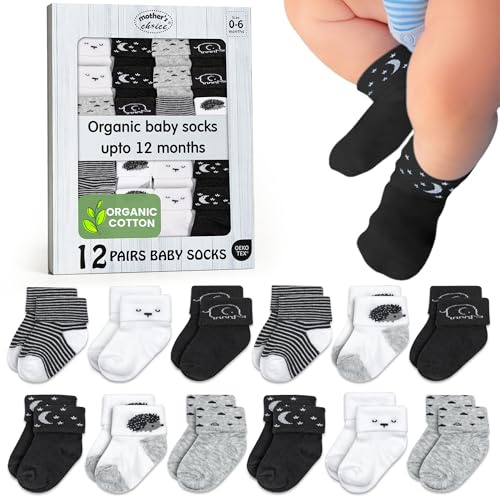 Mother's Choice Organic Cotton Baby Socks, 12 Pairs, Unisex 0-6 Months - Soft, Hypoallergenic Newborn & Infant Socks - Baby Girl & Boy Gifts, (12Pcs, Black - White - Gray)