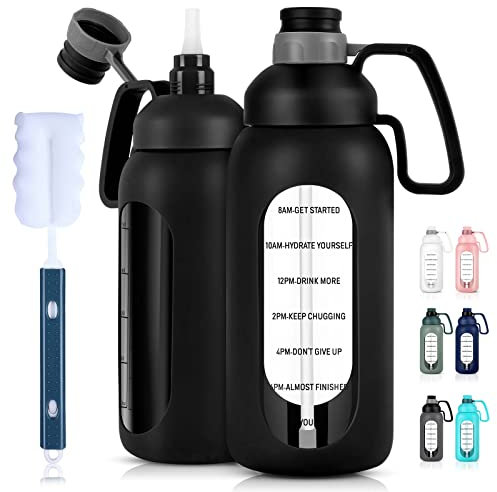 Aqulea Botella de agua de vidrio de 64 onzas con pajita, botella de agua de medio galón con pajita, 2 L, sin BPA, botella de agua grande con aislamiento de tiempo motivacional con asa y funda, botella