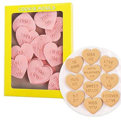 10 Pieces Valentine's Day Cookie Stamps Cookie Moulds For Baking Cookie Mould Love You Pink Heart Shape Cookie Mould Set Kitchen Tools (Valentine's Day B)