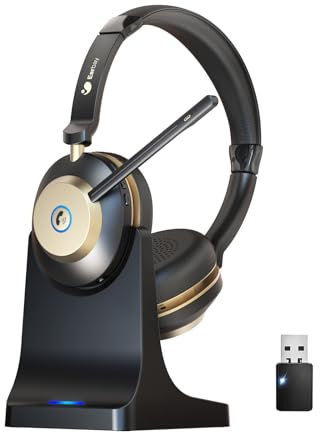 Wireless Headset, Bluetooth Headset With Microphone Noise Canceling & USB Dongle, On Ear Headphones with Charging Dock & 50hrs Working Time for Computer/Mobile Phones/Ms Teams/Skype/Zoom/Office